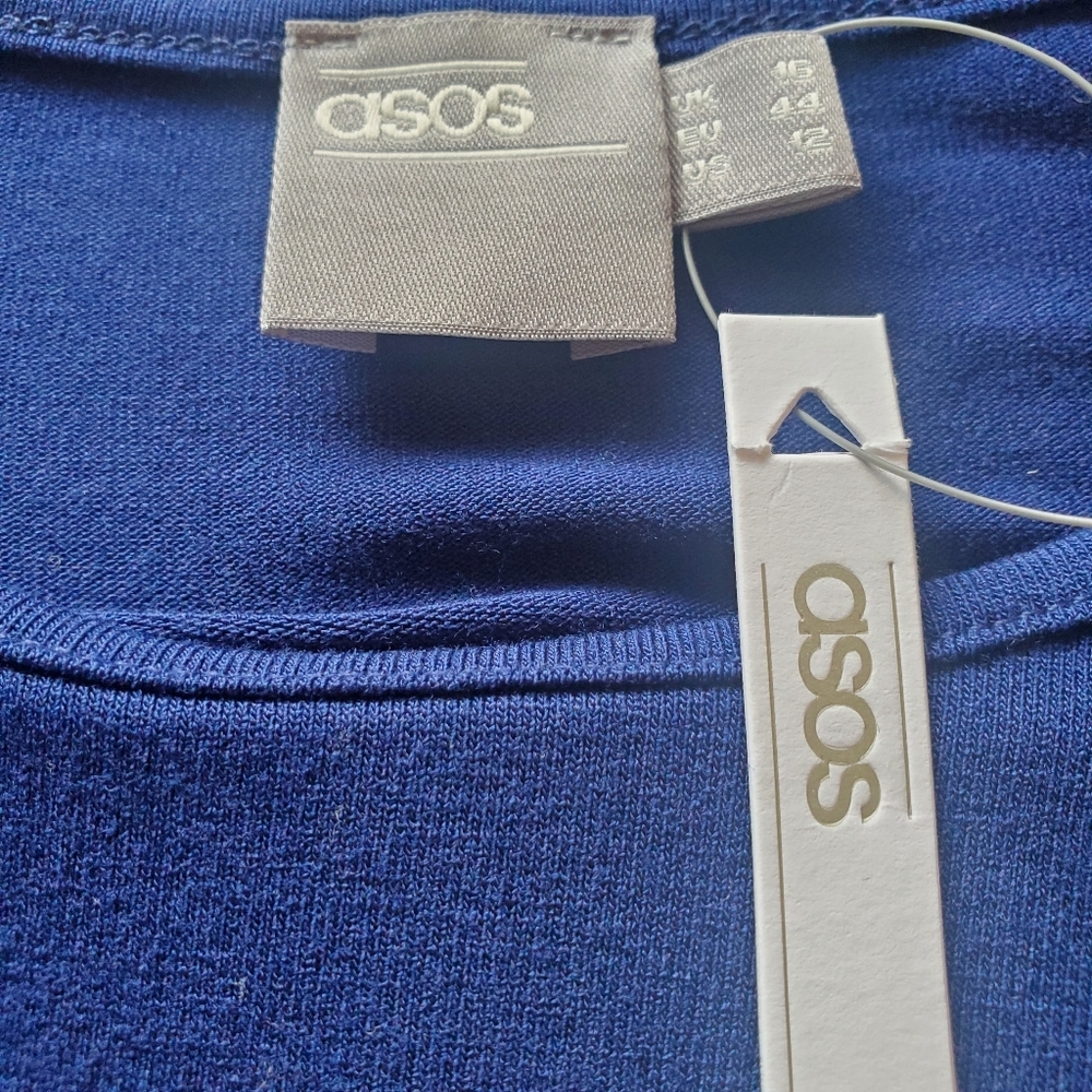 ASOS Size 12 Cobalt Blue scoop neck 3/4 sleeve midi jersey knit dress - Picture 3 of 8